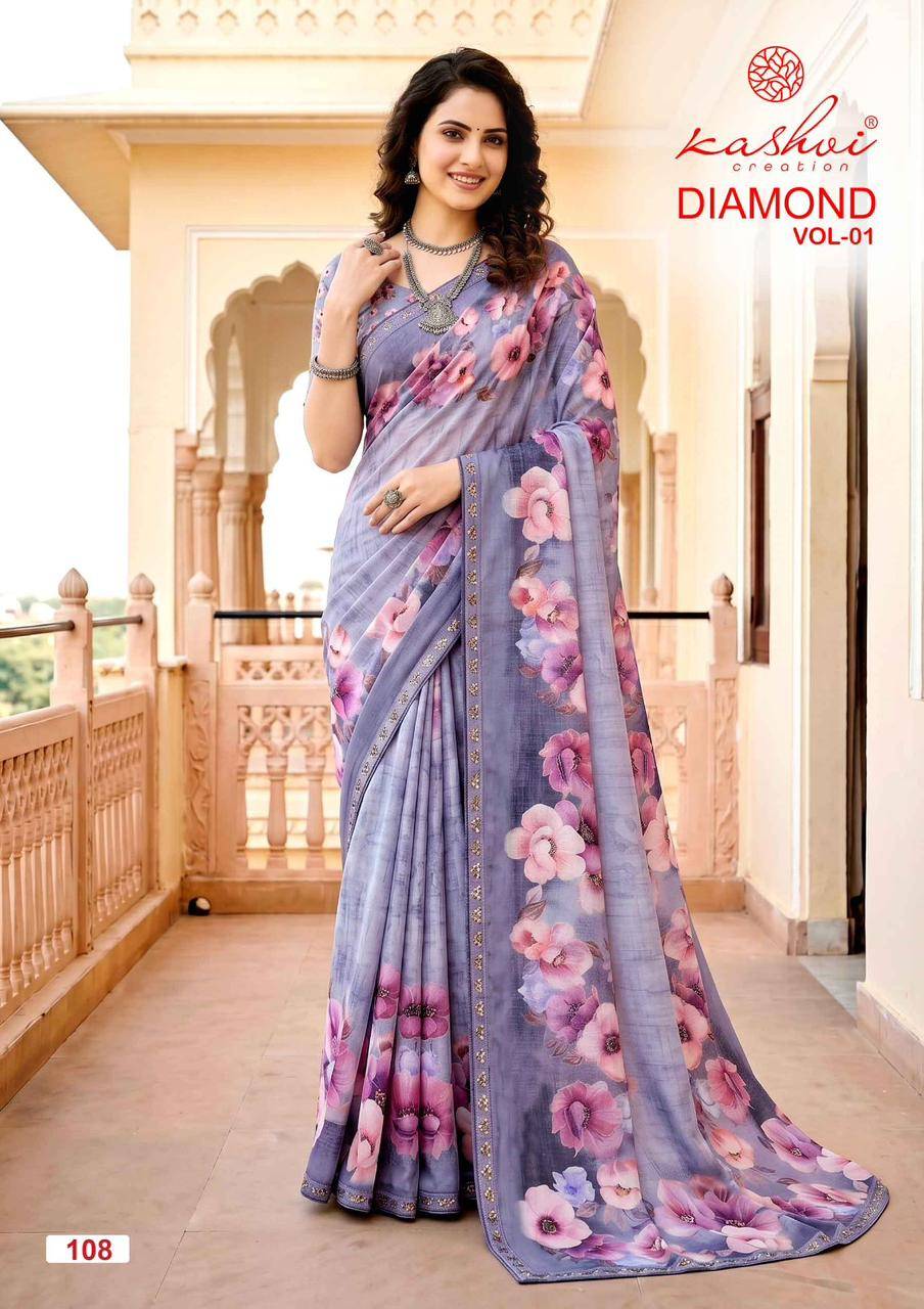 DIAMOND VOL 01 By KASHVI CREATION 101 To 108 Series Indian Traditional Wear DULL MOSS VISCOSE sarees At Wholesale Price